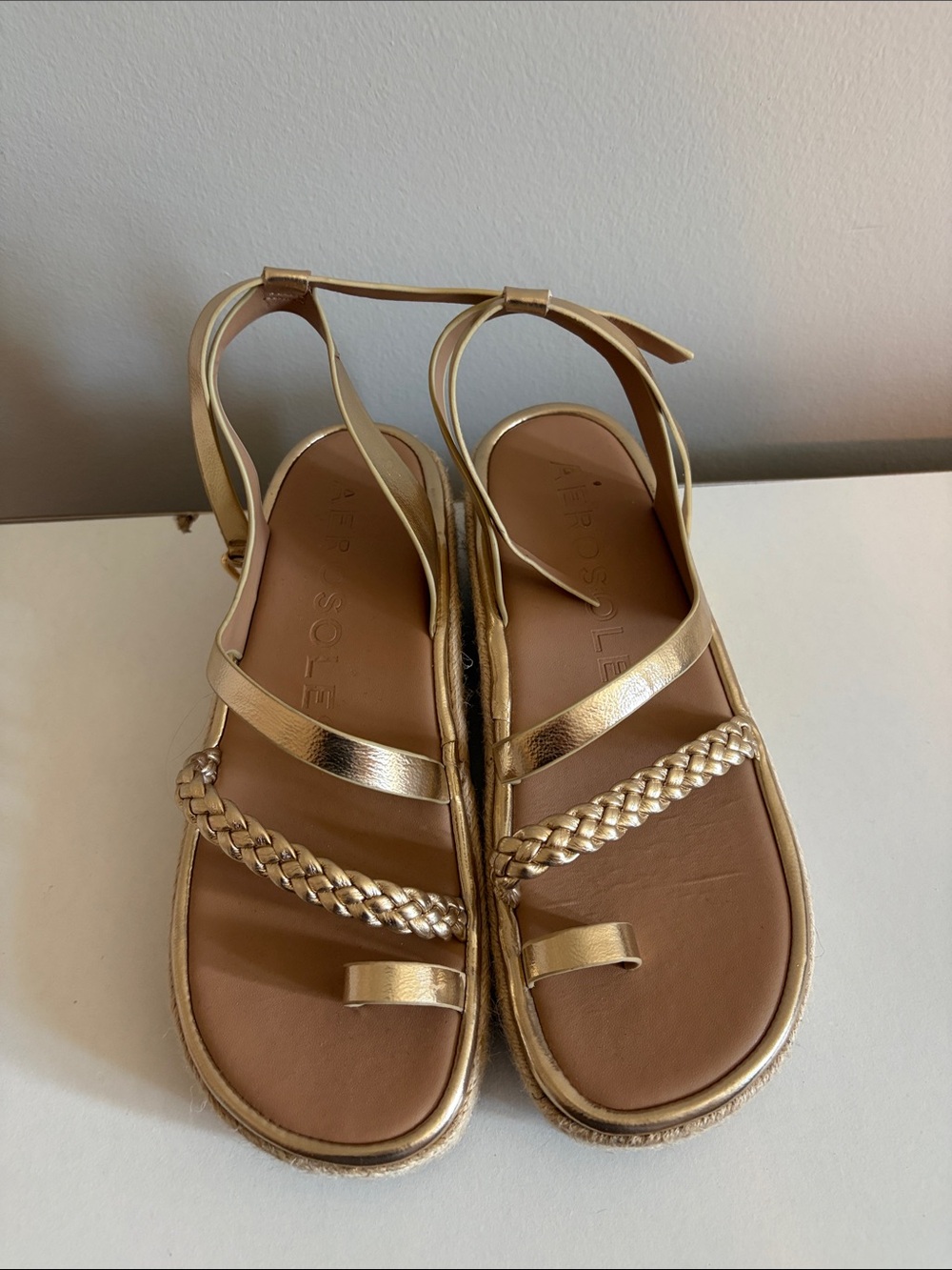 AEROSOLES Metallic Gold Braided Espadrille Platform Sandals - Picture 2 of 3